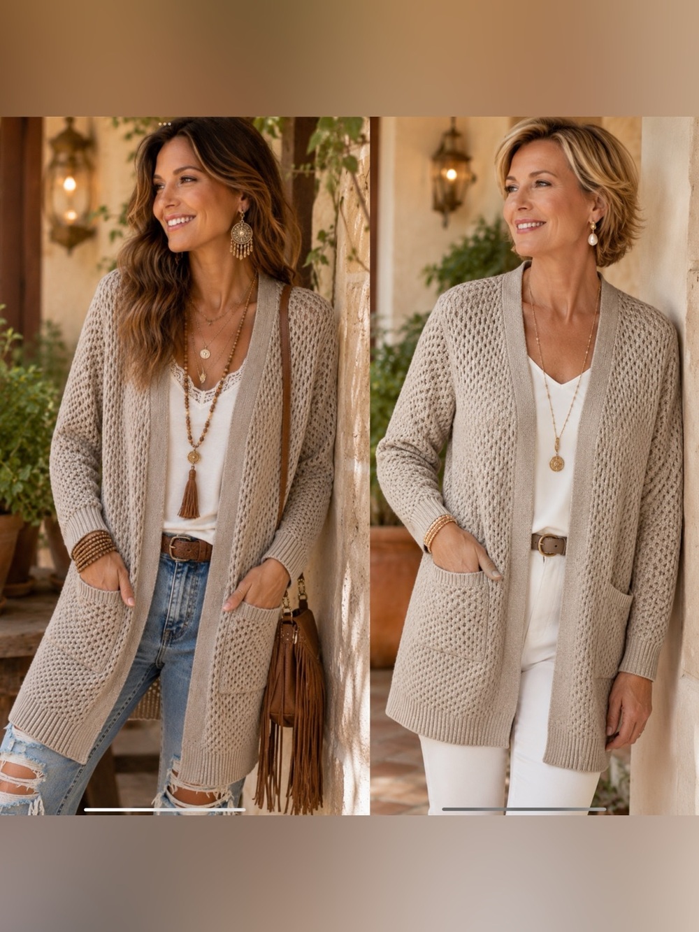 Soft Surroundings Open Weave knit Long Cardigan Sweater Taupe Beige Pockets SM